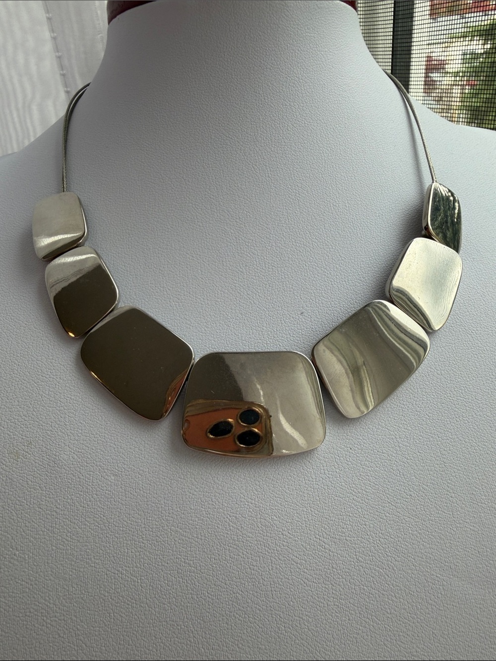 Lia Sophia Silver Tone Geometric Panel Collar Necklace Modernist Chunky